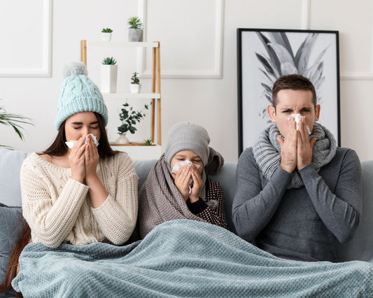 Parents et enfant assis sur un canapé, portant des bonnets et se mouchant, illustrant les symptômes du rhume et de la grippe en hiver