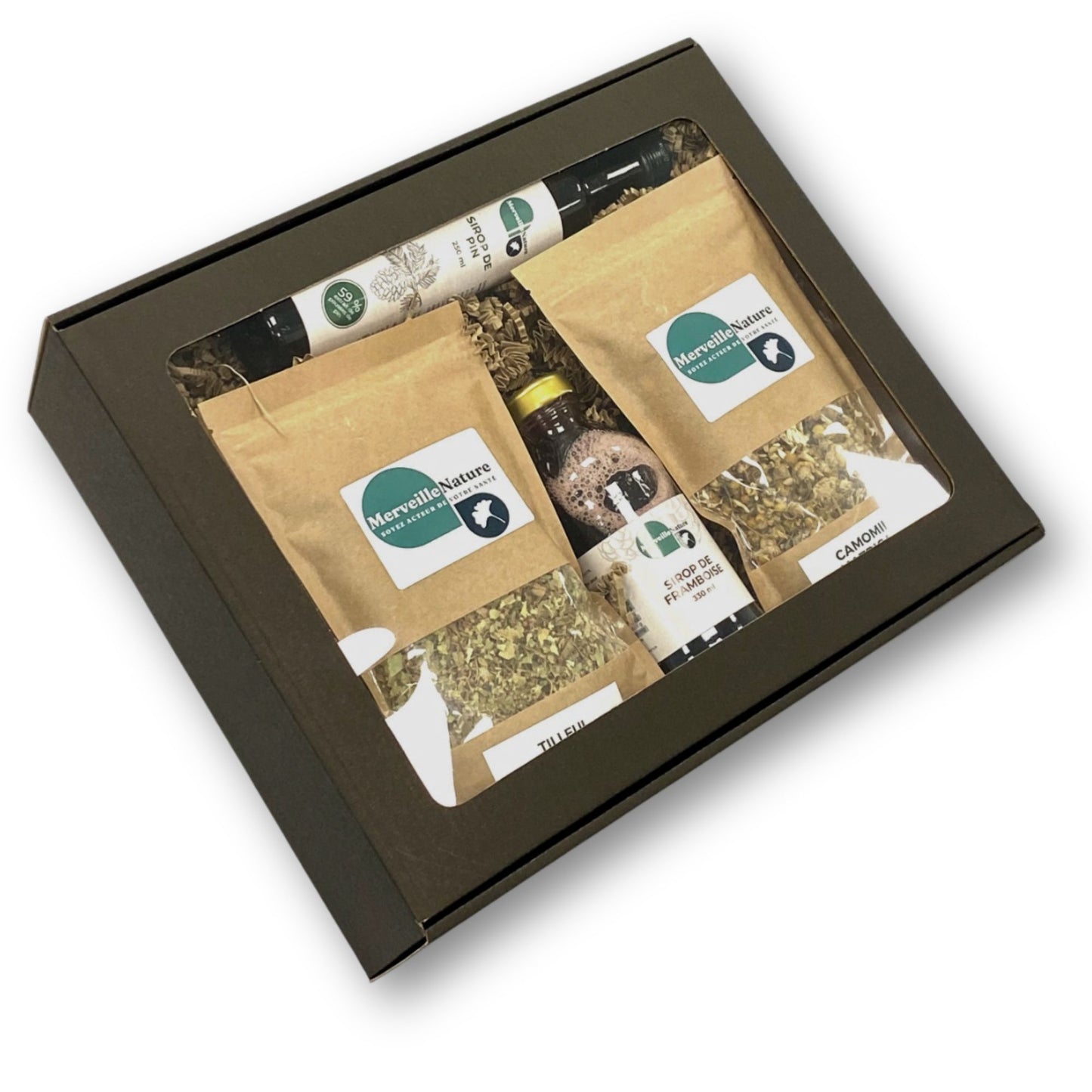 Coffret bien-être hivernal avec des tisanes antioxydantes, des sirops pour soutenir l’immunité et des plantes médicinales pour prévenir les inconforts saisonniers.
