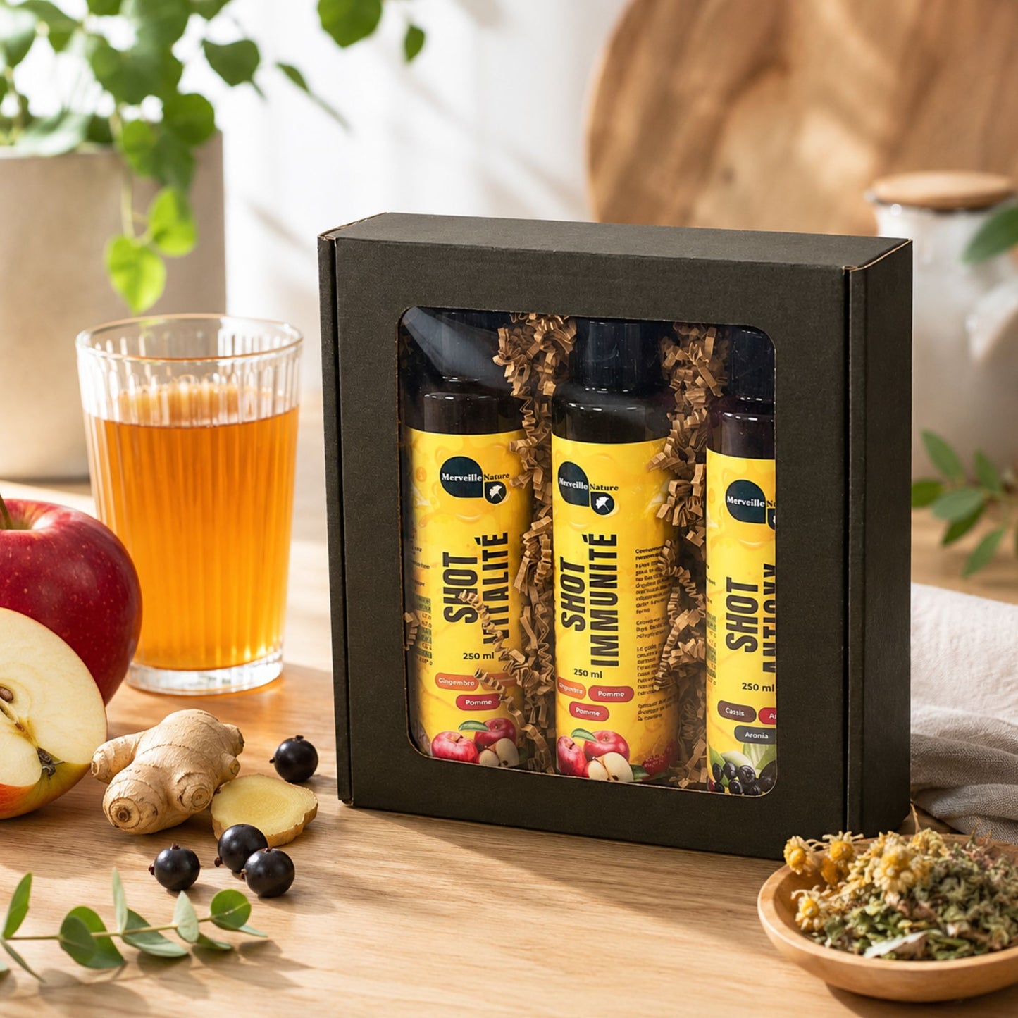 Coffret de shots bien-être MerveilleNature aux fruits et plantes : immunité, vitalité et antioxydants, boîte cadeau avec bouteilles.