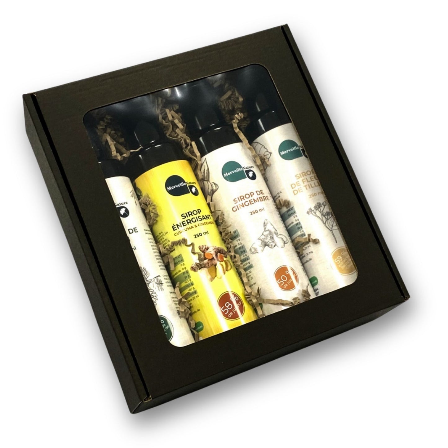 Coffret de produits naturels pour renforcer le système immunitaire, incluant des sirops et tisanes enrichis en vitamines et antioxydants.