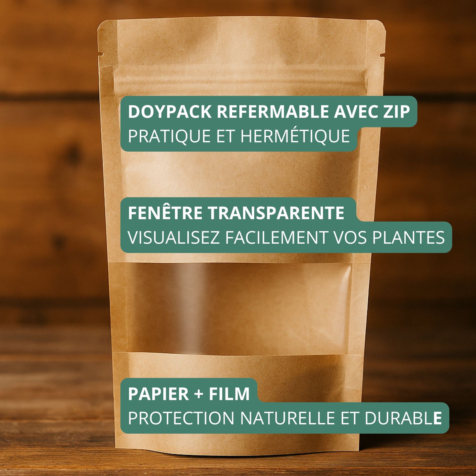 Sachet doypack kraft vide avec zip et fenêtre transparente, imprimé avec les caractéristiques : emballage durable en papier et film, format 20SW, présenté sur une table en bois dans une ambiance naturelle et artisanale.
