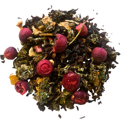 Mélange de thé noir, gingembre, honeybush, écorce d’orange, feuille de framboisier, cannelle, clou de girofle et canneberge lyophilisée pour infusion Matin Givré