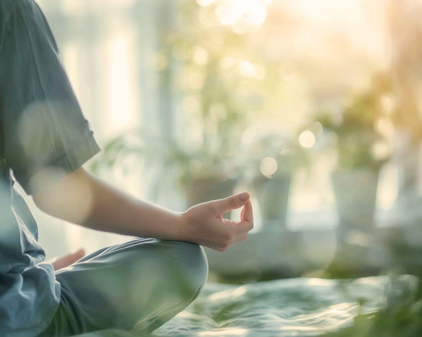 Silhouette d’une personne méditant sur un lit dans une chambre lumineuse, avec des plantes en arrière-plan et une ambiance vert pastel apaisante.