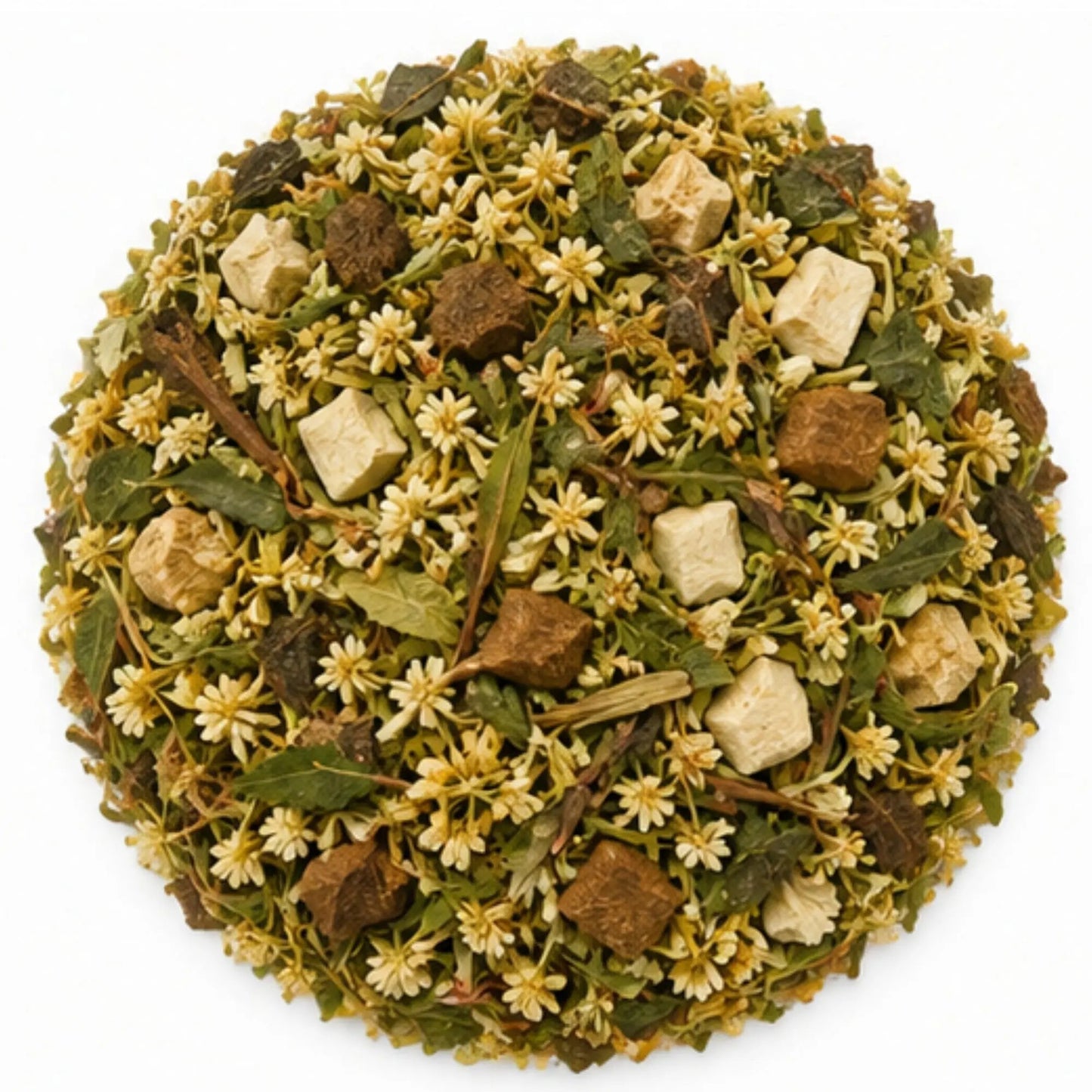 Gros plan du mélange de plantes de la Tisane Rhume & Grippe composé de thym serpolet, guimauve, tilleul, sureau noir, gingembre, cannelle de Ceylan et orange douce.