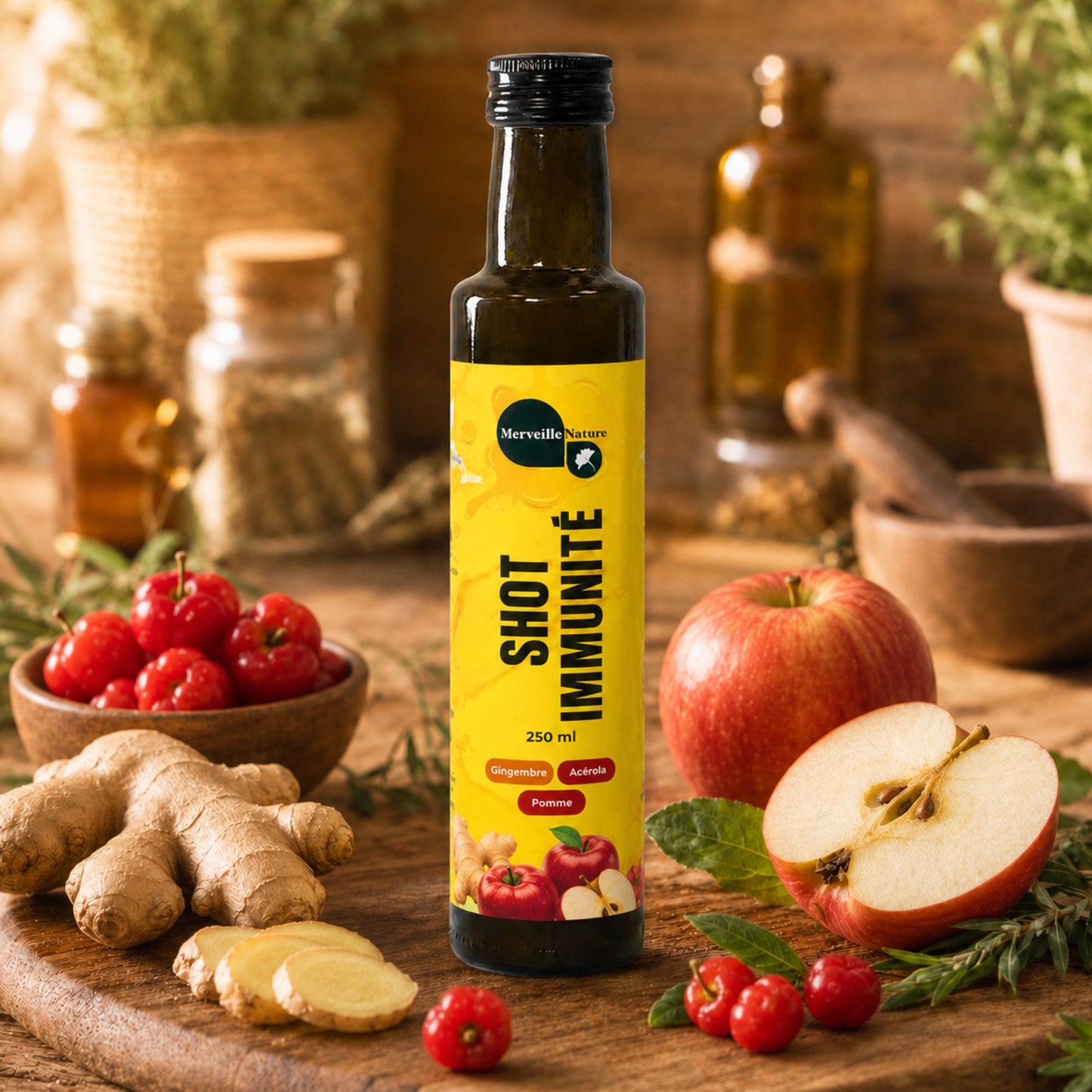 Bouteille Shot Immunité MerveilleNature présentée dans une ambiance herboristerie avec gingembre, pomme, acérola et plantes naturelles.