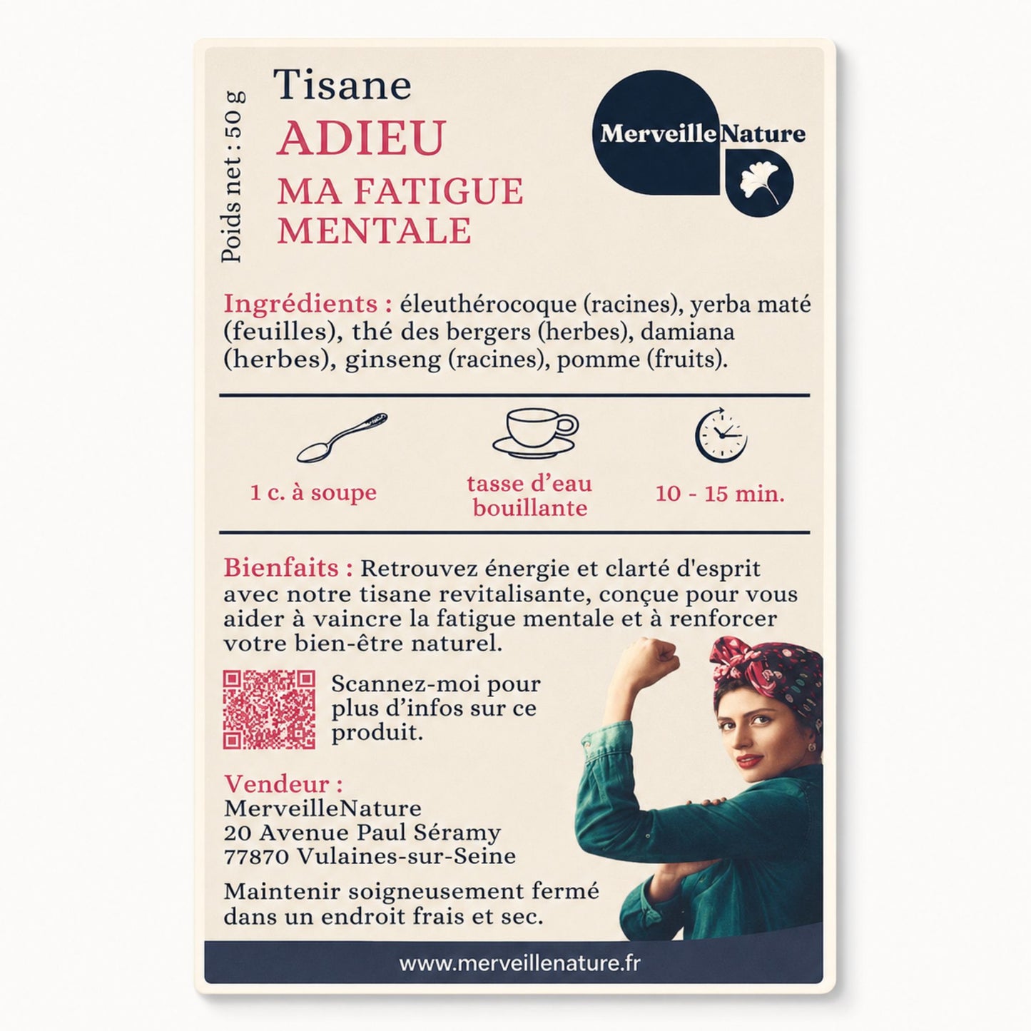 Étiquette de la tisane Adieu Ma Fatigue Mentale de MerveilleNature, infusion revitalisante aux plantes pour retrouver énergie, clarté d’esprit et vitalité.
