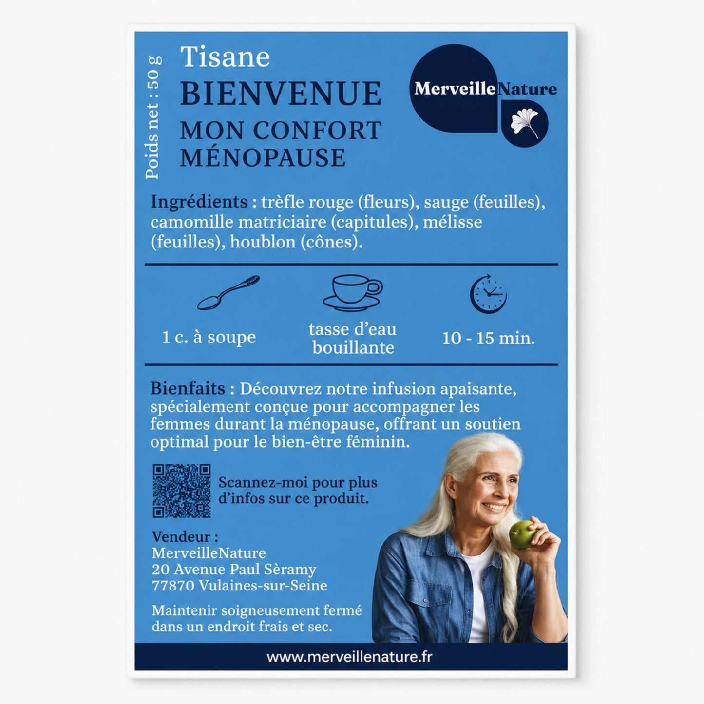 Étiquette de la tisane Bienvenue Mon Confort Ménopause de MerveilleNature, infusion apaisante aux plantes pour accompagner le bien-être féminin pendant la ménopause.