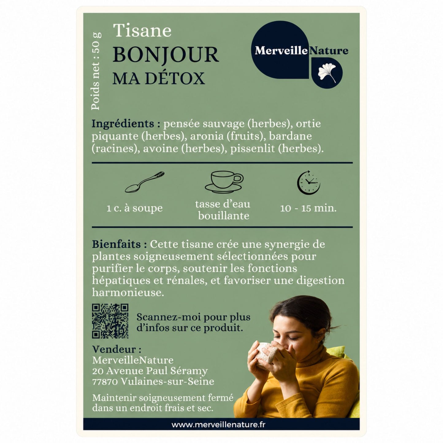 Étiquette de la tisane Bonjour Ma Détox MerveilleNature, infusion naturelle détox aux plantes avec pensée sauvage, ortie, aronia, bardane, avoine et pissenlit