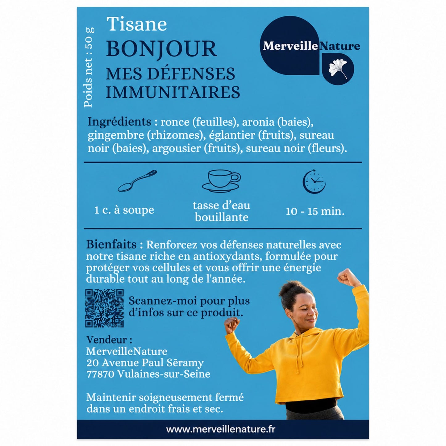 Étiquette de la tisane Bonjour Mes Défenses Immunitaires MerveilleNature, infusion naturelle aux plantes avec gingembre, aronia, églantier, sureau noir et argousier
