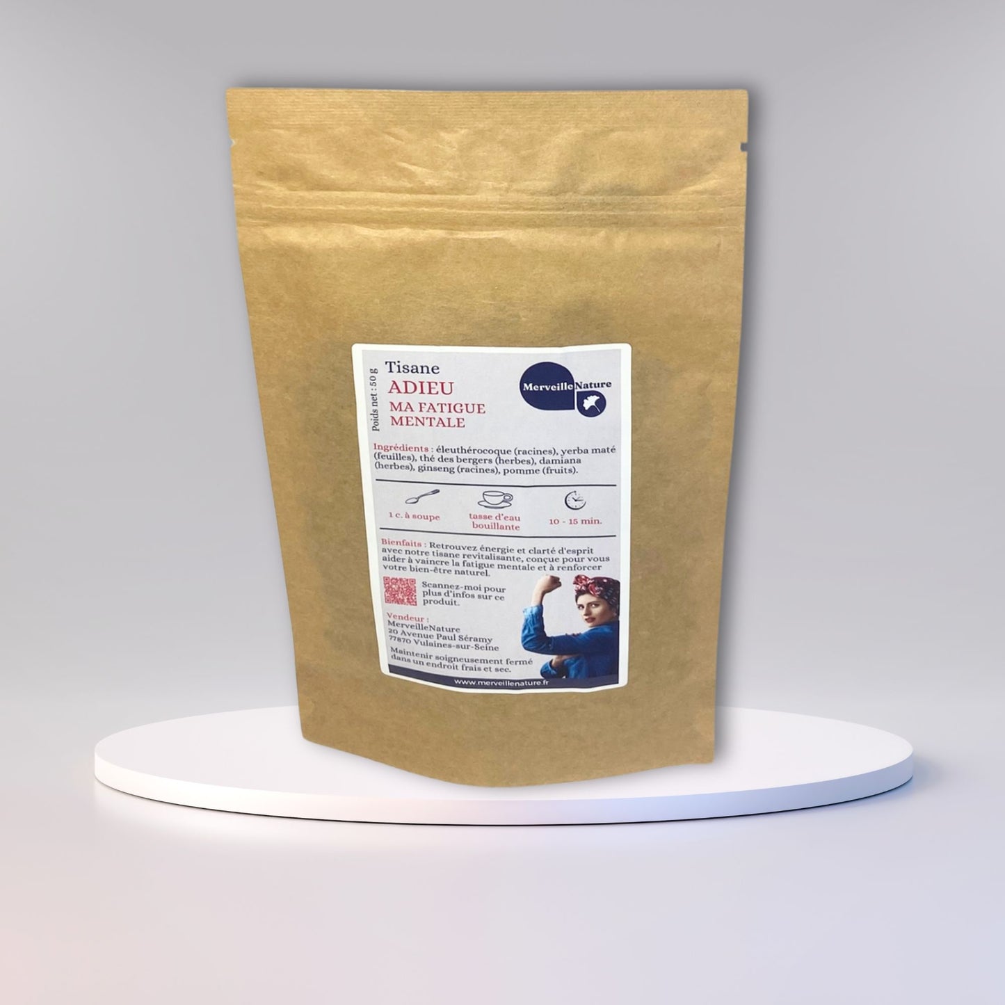 présentation de notre tisane ADIEU MA FATIGUE MENTALE en sachet