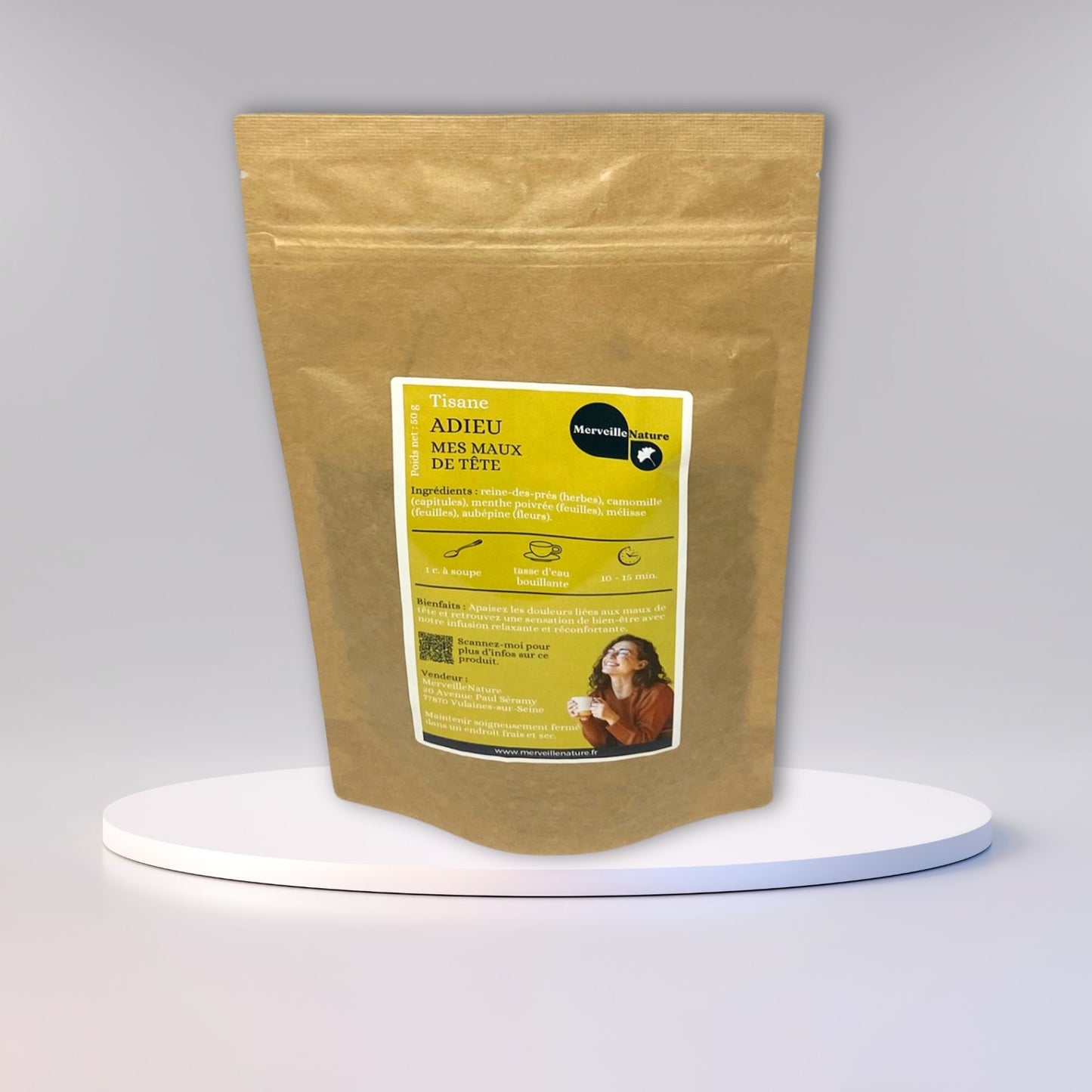 présentation de notre tisane ADIEU MES MAUX DE TETE en sachet