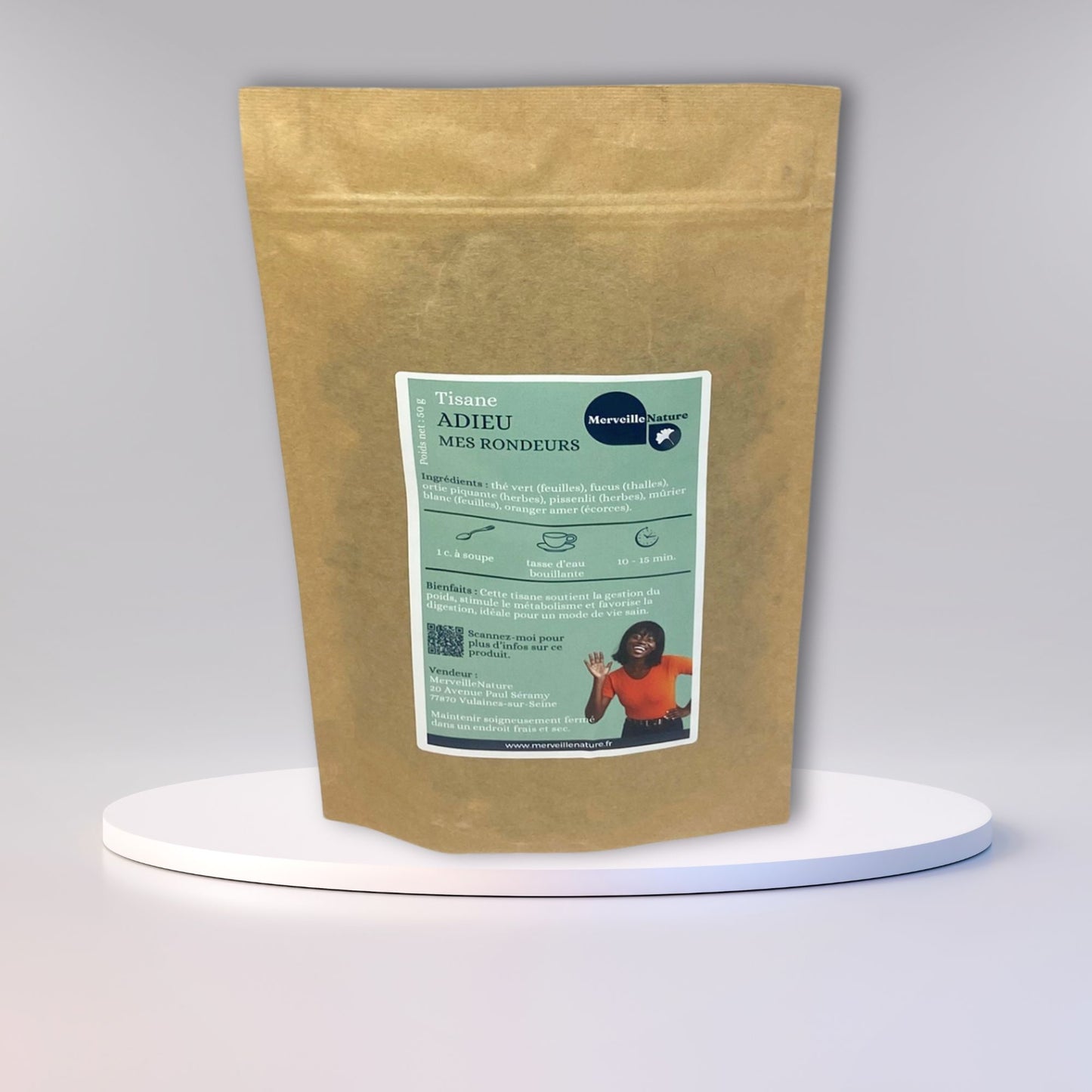 présentation de notre tisane ADIEU MES RONDEURS en sachet