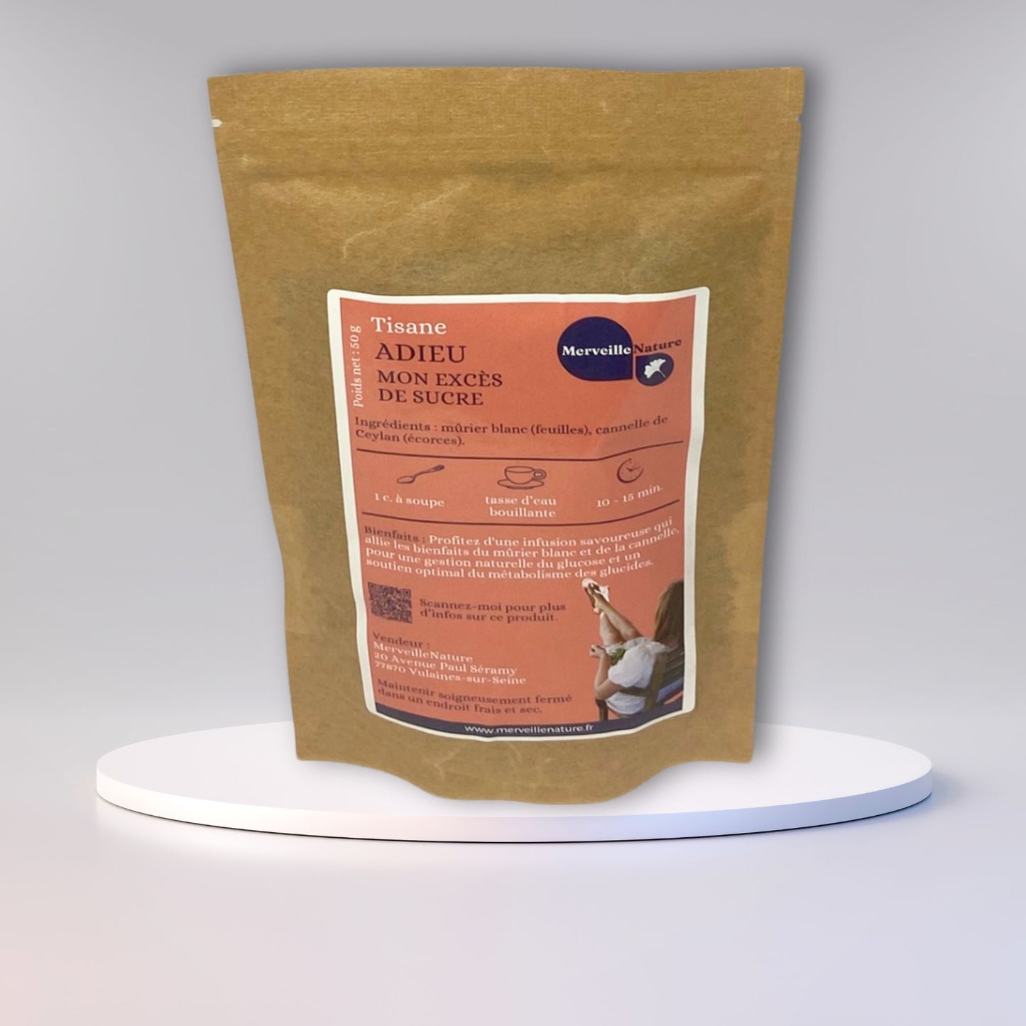 présentation de notre tisane ADIEU MON EXCES DE SUCRE, en sachet