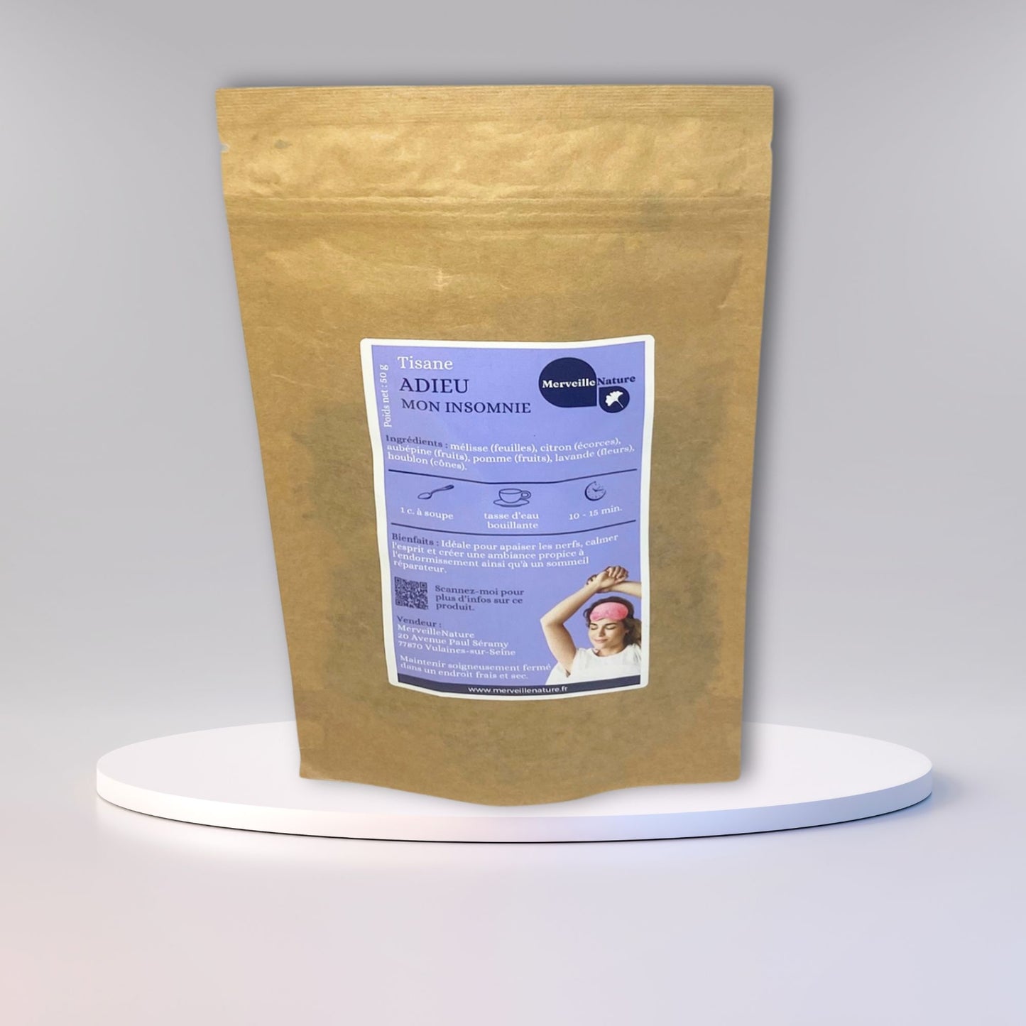 présentation de notre tisane ADIEU MON INSOMNIE, en sachet