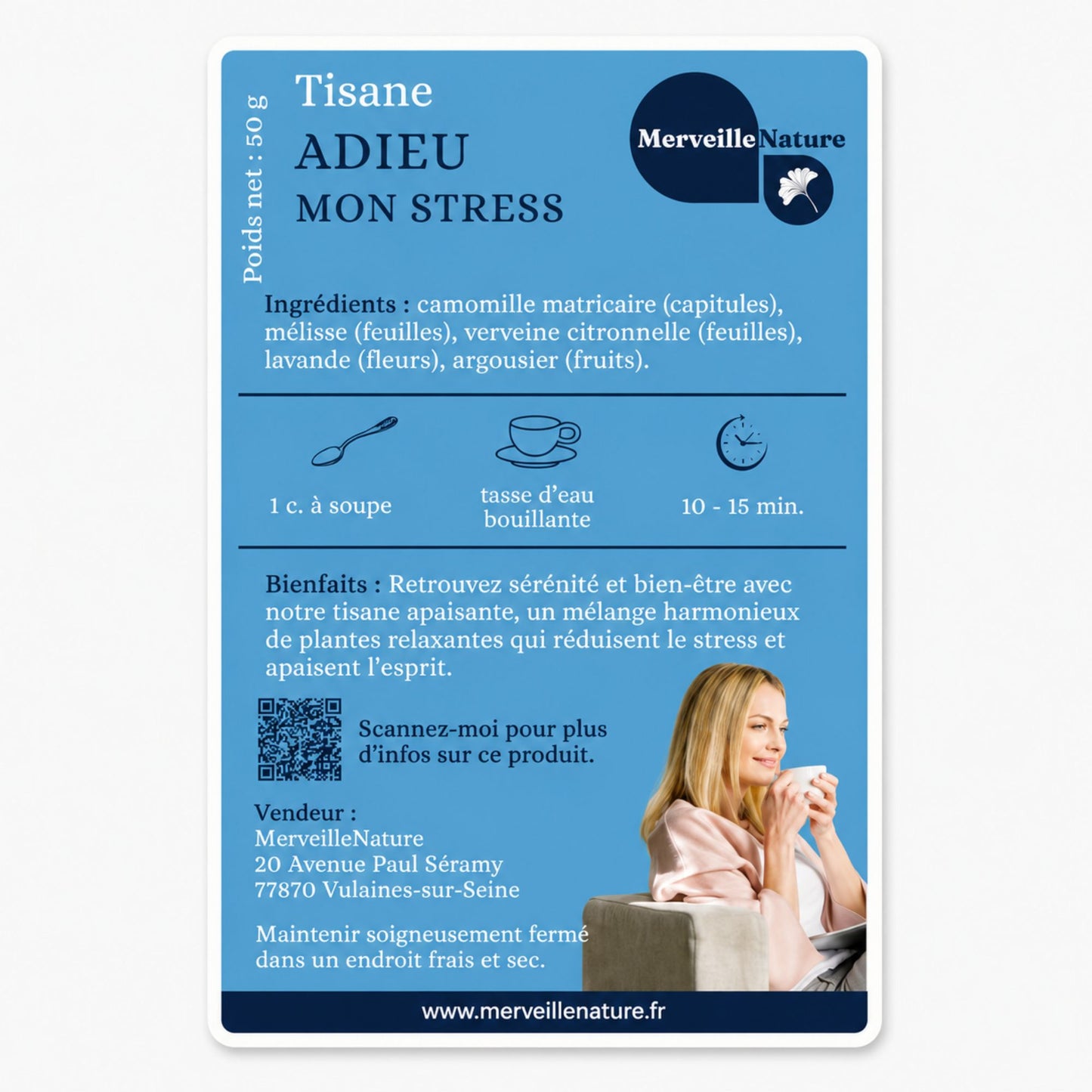 Étiquette de la tisane Adieu Mon Stress de MerveilleNature, infusion relaxante aux plantes apaisantes pour réduire le stress et favoriser la sérénité.