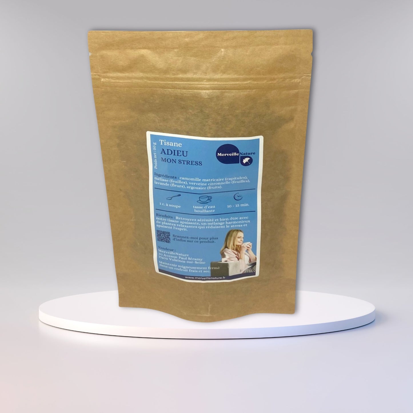 présentation de notre tisane ADIEU MON STRESS, en sachet