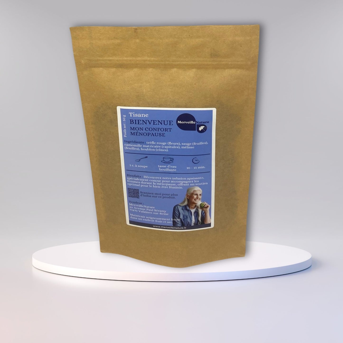 présentation de notre tisane BIENVENUE MON CONFORT MENOPAUSE, en sachet