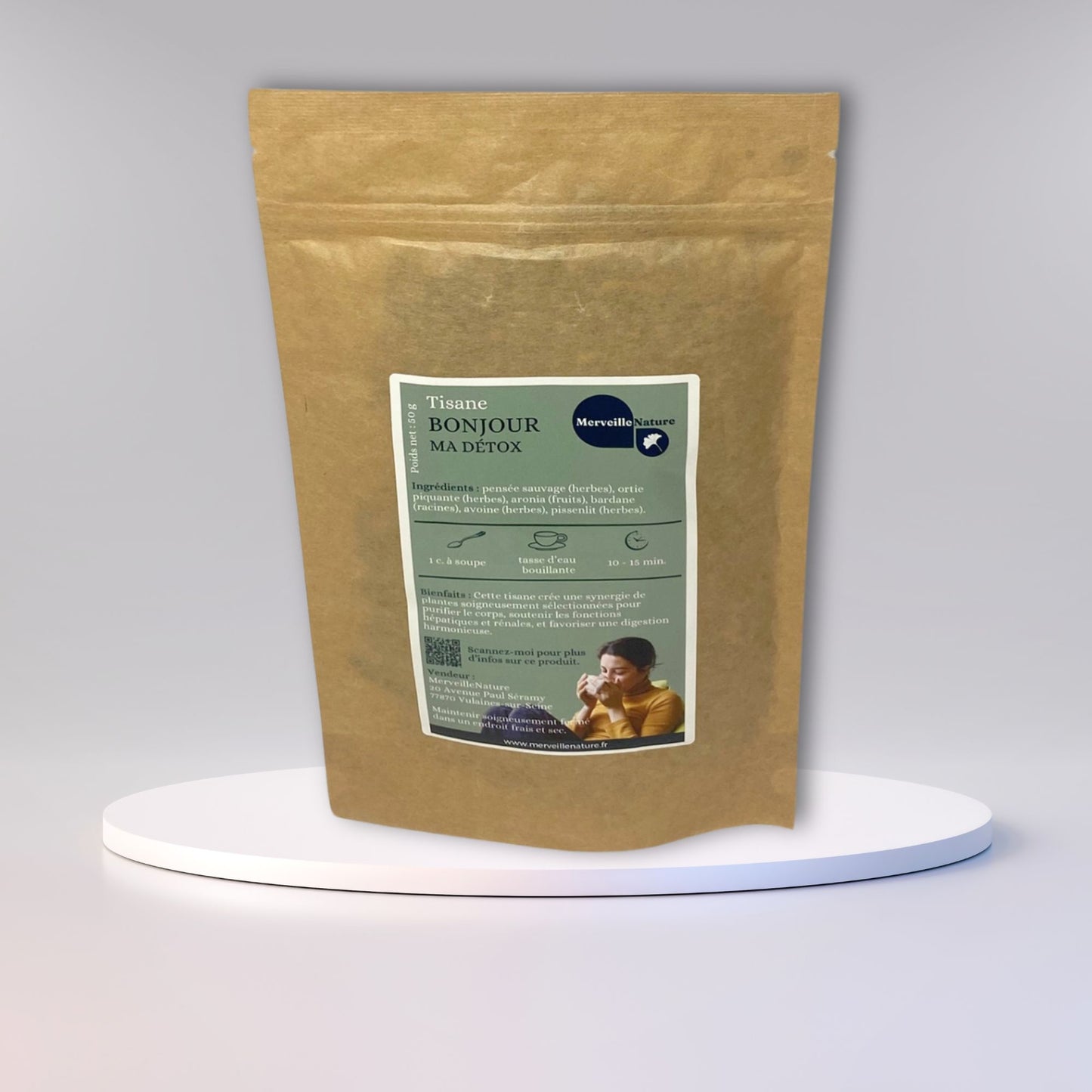 présentation de notre tisane BONJOUR MA DETOX, en sachet