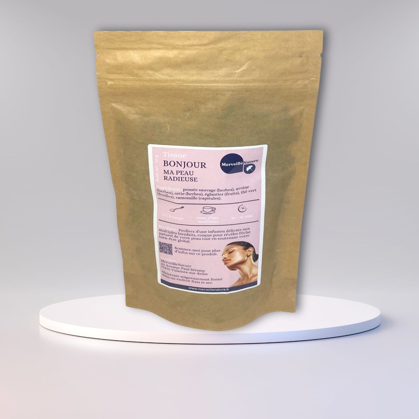 présentation de notre tisane BONJOUR MA PEAU RADIEUSE, en sachet