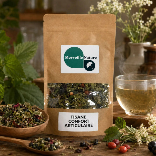 Tisane Confort Articulaire MerveilleNature en sachet kraft sur table en bois, dans une ambiance bien-être avec infusion, plantes séchées et ingrédients naturels