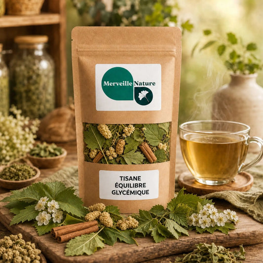 Tisane Équilibre Glycémique MerveilleNature en sachet kraft sur table en bois, dans une ambiance bien-être avec tasse d’infusion, mûrier blanc, aubépine et cannelle de Ceylan.