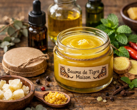 Pot en verre étiqueté 'Baume du tigre maison', entouré de flacons d'huiles essentielles, cire d'abeille, menthe fraîche et autres ingrédients naturels pour préparer un baume maison