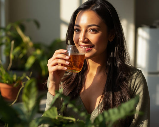 Femme souriante buvant une tisane naturelle, illustrant une peau éclatante et un rituel beauté bien-être au quotidien
