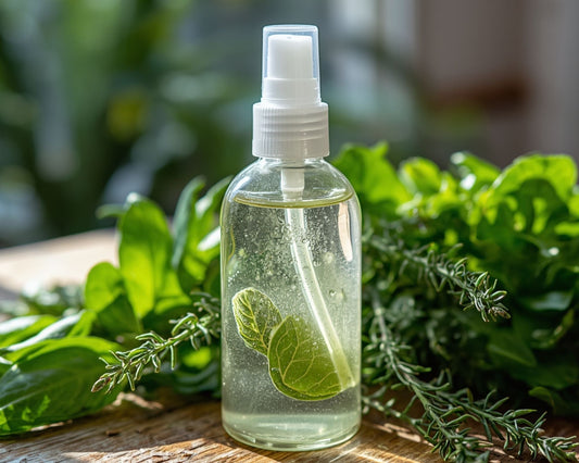 Flacon spray de lotion tonique au basilic et romarin sur une table en bois, entouré de plantes fraîches de basilic et de romarin, soin naturel pour la peau