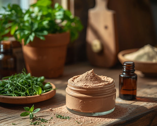 Pot de nettoyant visage au rhassoul naturel posé sur une table en bois, entouré de plantes vertes fraîches, soin purifiant pour la peau