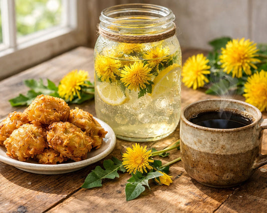 Trois recettes au pissenlit présentées sur une table en bois : beignets dorés aux pétales, limonade aux fleurs fraîches en bocal et café de racine torréfiée en tasse, ambiance printanière lumineuse.