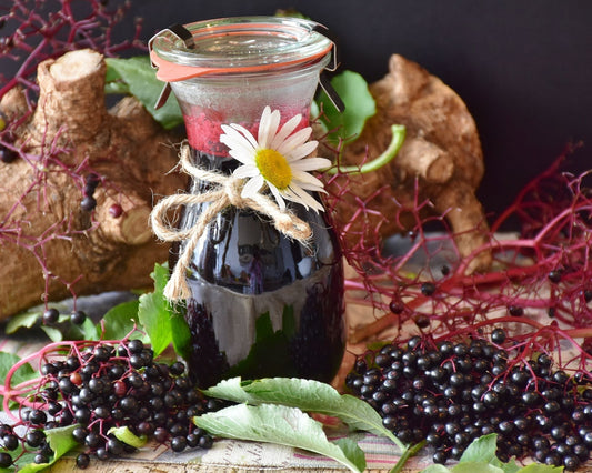 Petite carafe de sirop de baies de sureau noir entourée d’un morceau de bois, avec des feuilles et des baies fraîches de sureau noir, idéal pour renforcer l’immunité et soulager le rhume.
