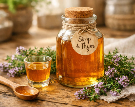 Bocal de sirop de thym fait maison entouré de branches de thym frais et fleurs violettes, cuillère en bois à côté, ambiance naturelle et chaleureuse, cuisine rustique floue en arrière-plan