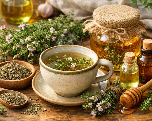 Thym frais et sec avec infusion, miel et huiles essentielles, ambiance naturelle et bien-être.