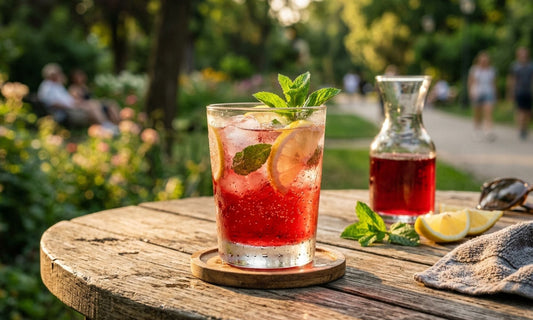 Boisson isotonique maison rafraîchissante à l’hibiscus et à la menthe servie froide avec glaçons et citron en été