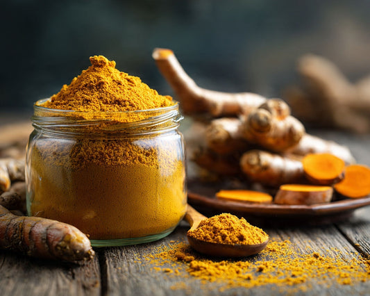Bocal en verre rempli de poudre de curcuma dorée avec une cuillère en bois, entouré de rhizomes de curcuma frais coupés révélant leur chair orange vif, sur une table en bois rustique