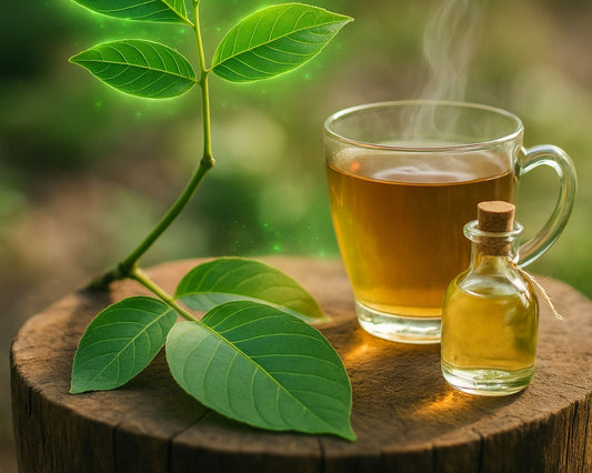 Feuilles fraîches de noyer sur un tronc d’arbre, infusion chaude de feuilles de noyer et flacon de macérat vinaigré de feuilles de noyer, puissant vermifuge naturel pour la digestion et la détox.