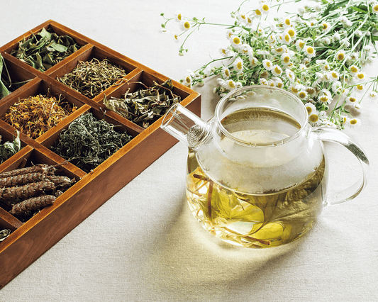 Théière avec une infusion contre le rhume des foins, entourée de fleurs de camomille fraîche et de plantes sèches, prête à apaiser les symptômes allergiques.