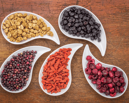 Super-fruits séchés comme l’argousier, l’aronia et l’acérola dans de grandes cuillères, riches en antioxydants et vitamine C