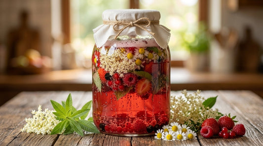 Surica en cours de fermentation dans un grand bocal en verre avec fleurs de sureau, camomille, mélisse et fruits rouges, montrant les bulles naturelles de fermentation.