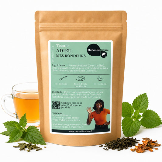 Tisane Adieu Mes Rondeurs MerveilleNature, infusion naturelle minceur au thé vert, fucus, ortie, pissenlit, mûrier blanc et oranger amer