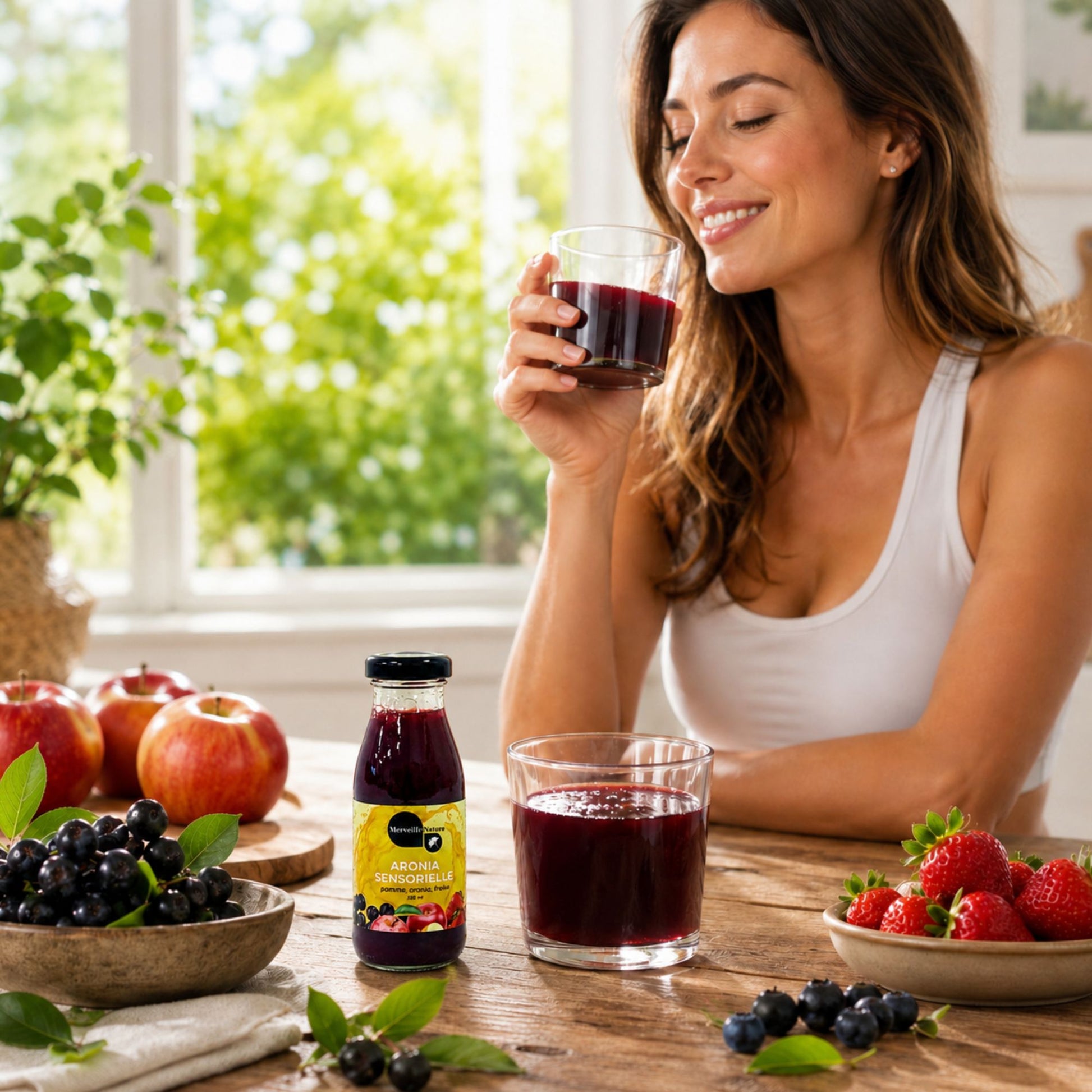 Bouteille Aronia Sensorielle MerveilleNature avec verre de jus, pommes, aronia et fraises dans une ambiance bien-être naturelle.
