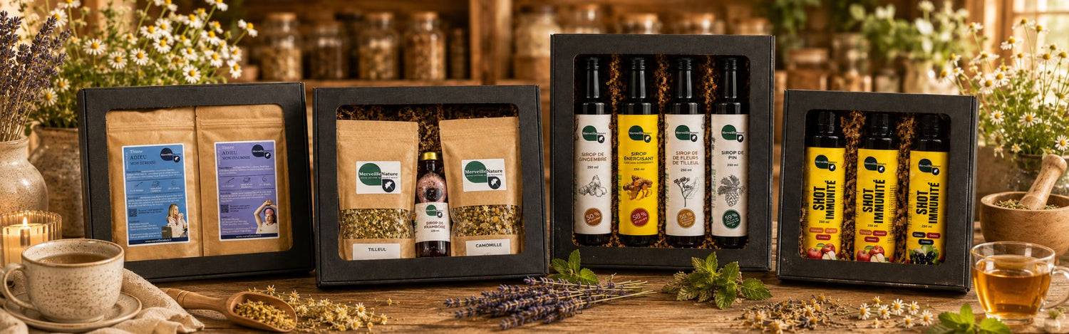 Banner horizontal illustrant la gamme des coffrets bien-être MerveilleNature, incluant des coffrets sommeil et relaxation, détox, défenses immunitaires et soins naturels à base de tisanes, sirops et shots.