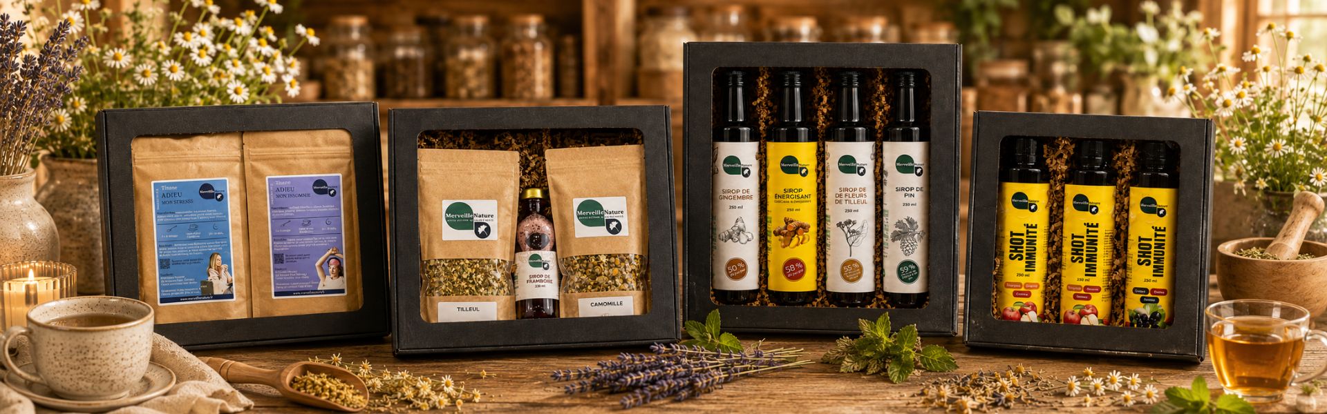 Banner horizontal illustrant la gamme des coffrets bien-être MerveilleNature, incluant des coffrets sommeil et relaxation, détox, défenses immunitaires et soins naturels à base de tisanes, sirops et shots.