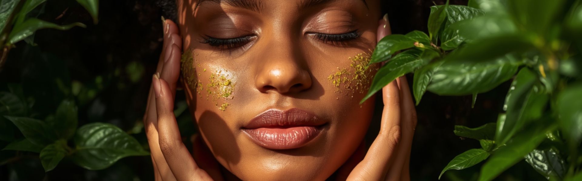 Visage d’une femme bronzée aux yeux fermés, décoré de petites fleurs jaunes sur les joues, entouré de feuilles vertes et de végétation luxuriante, symbole de beauté naturelle de la peau
