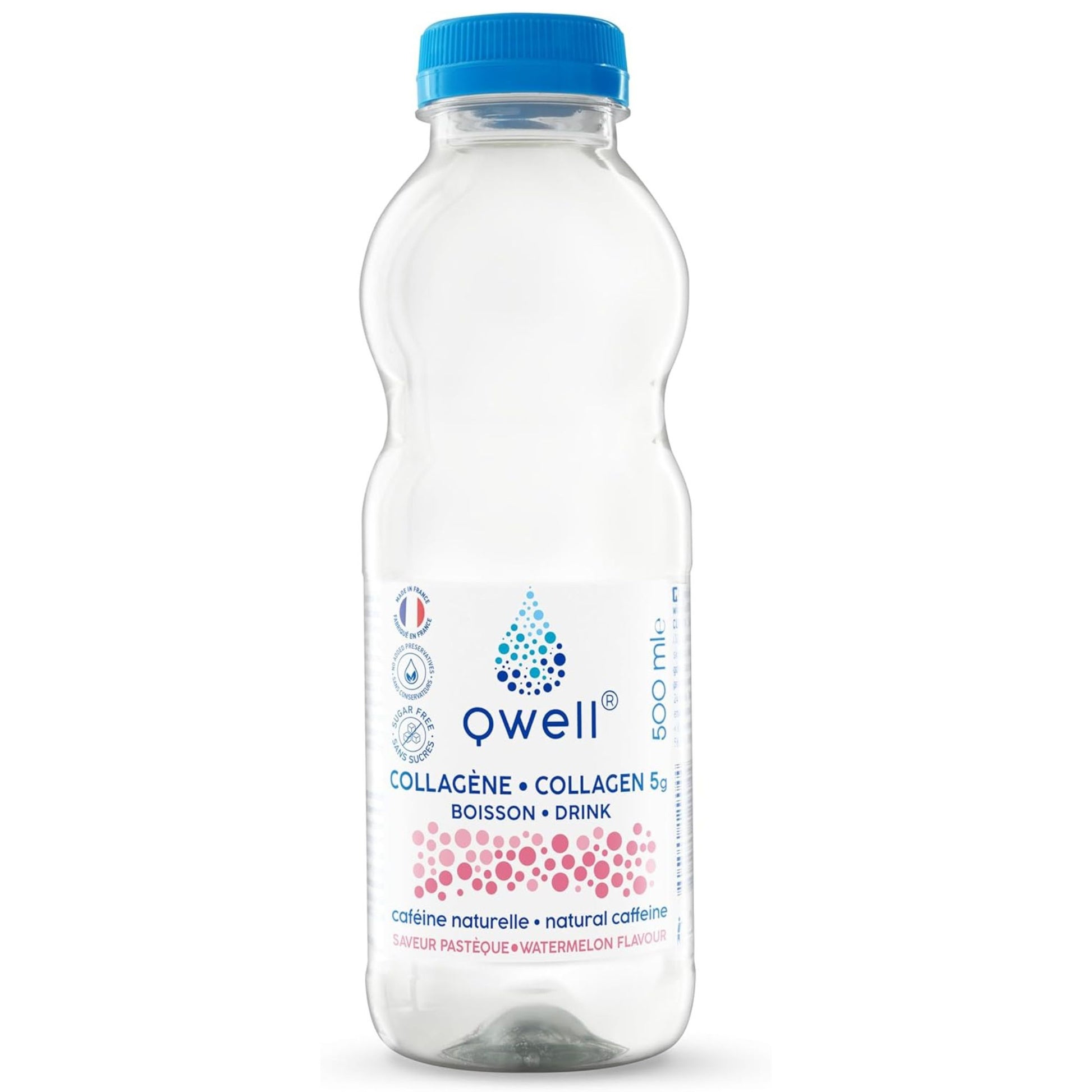Bouteille de boisson au collagène Qwell goût pastèque enrichie en caféine naturelle, eau énergisante 100% naturelle sur fond blanc