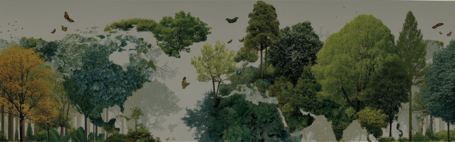 Illustration d’une carte du monde composée de végétation dense, représentant un engagement global pour la santé naturelle, l’écologie et un mode de vie durable