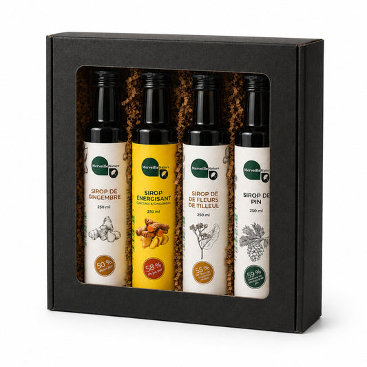 Coffret Défenses Antivirales MerveilleNature avec sirops naturels pour l’immunité, présenté dans un élégant coffret cadeau noir