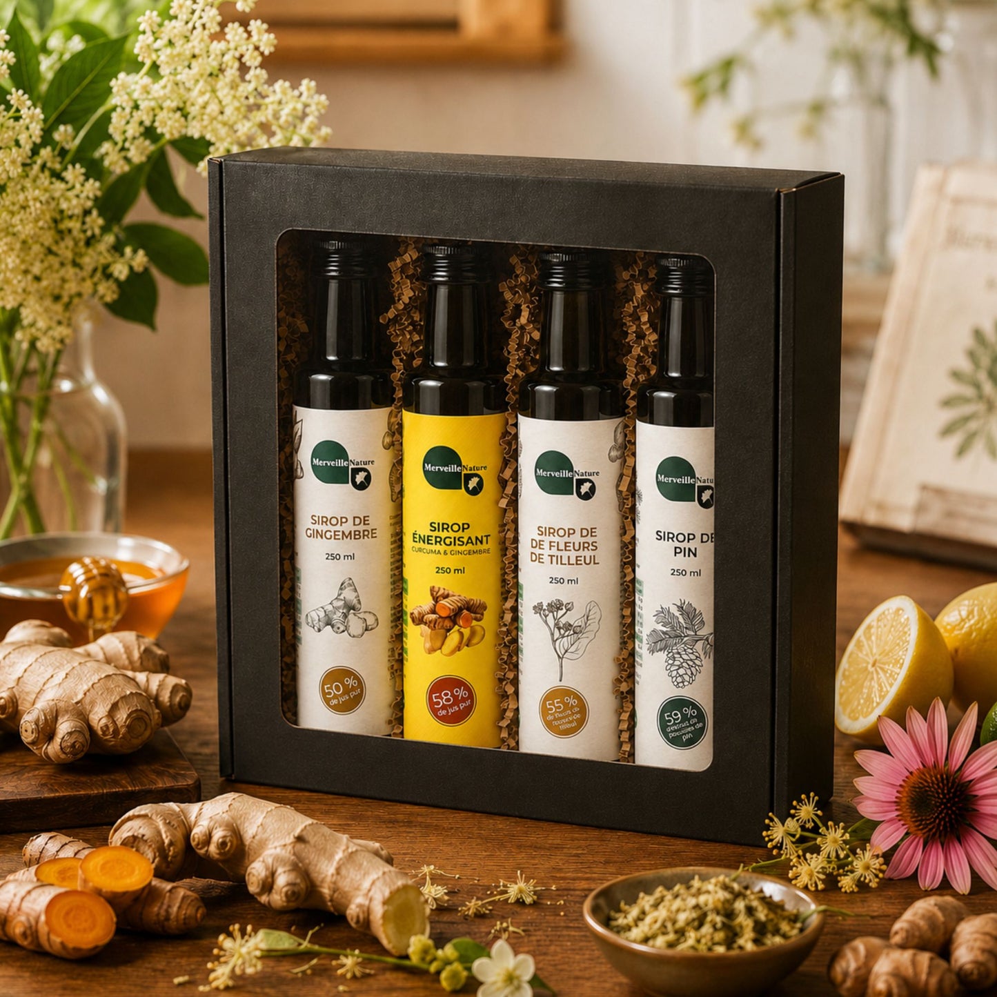 Coffret cadeau Défenses Antivirales MerveilleNature mis en scène sur table en bois avec ingrédients naturels, sirops de gingembre, curcuma, tilleul et pin dans une ambiance chaleureuse.