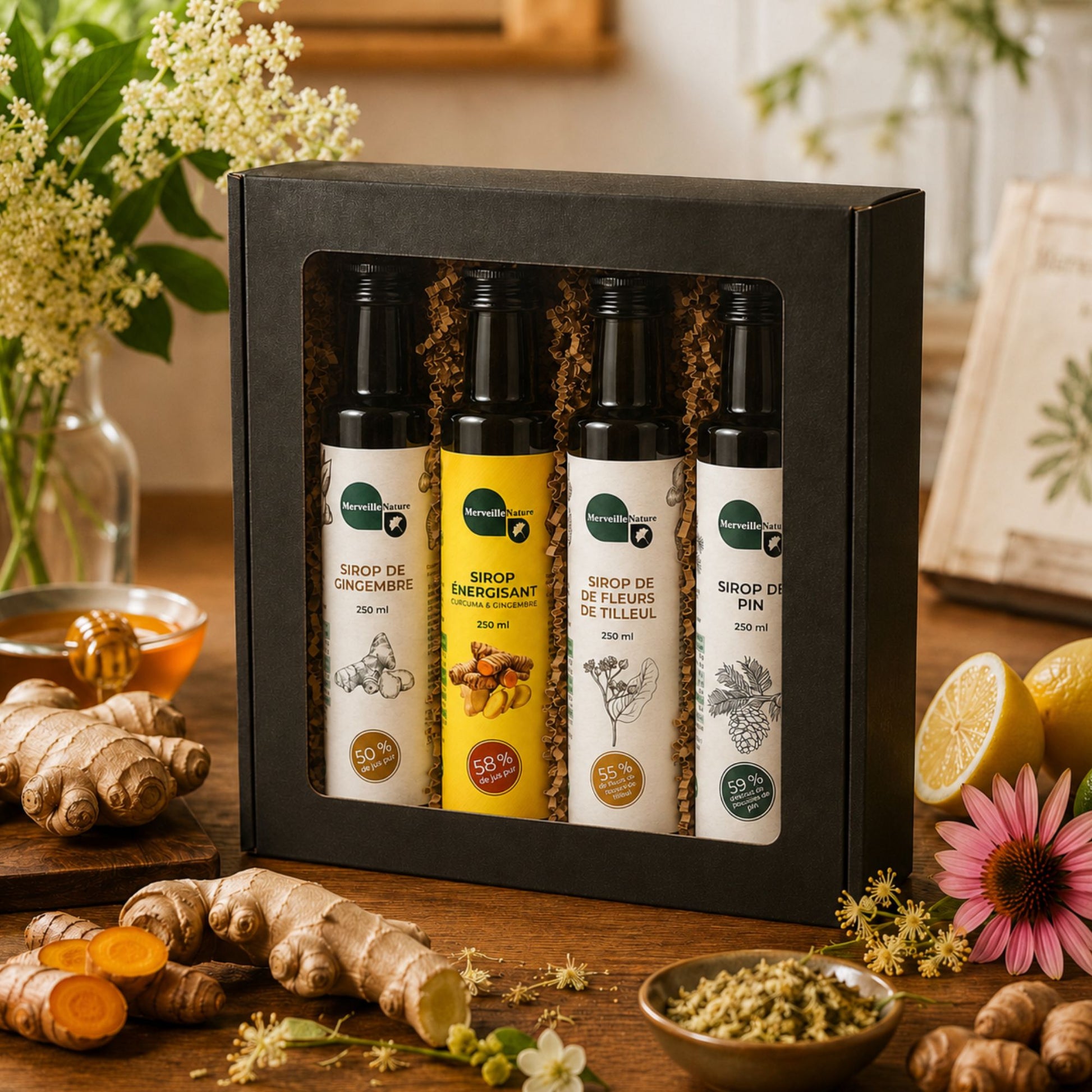 Coffret cadeau Défenses Antivirales MerveilleNature mis en scène sur table en bois avec ingrédients naturels, sirops de gingembre, curcuma, tilleul et pin dans une ambiance chaleureuse.