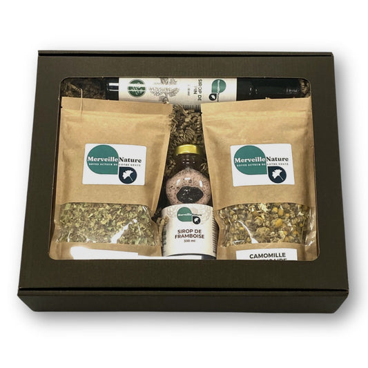 Coffret de produits naturels pour affronter l'hiver sereinement, avec des sirops fortifiants, des tisanes réchauffantes et des plantes comme le tilleul et le bouillon blanc.